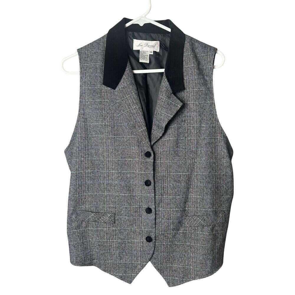 Lee David Collection Plaid Vest Womens Medium Grey Black Vintage Velvet Collar‎